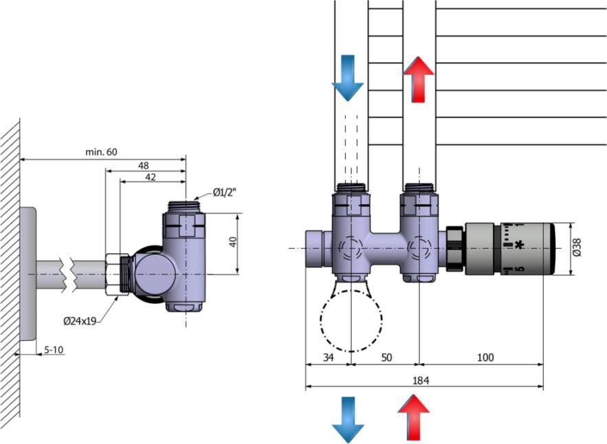 Sapho Twin Combi handdoekradiator haakse middenaansluiting geborsteld RVS