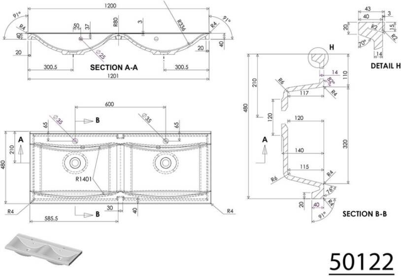 Sapho Wave II Badkamermeubel marmer MDF 120 cm wit