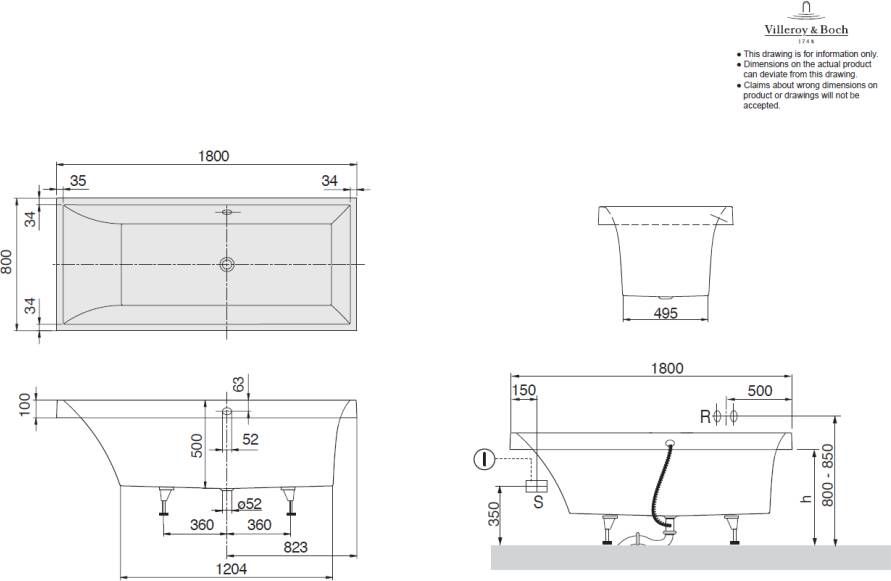 Villeroy & Boch Squaro bubbelbad met Advance systeem 170×75 wit