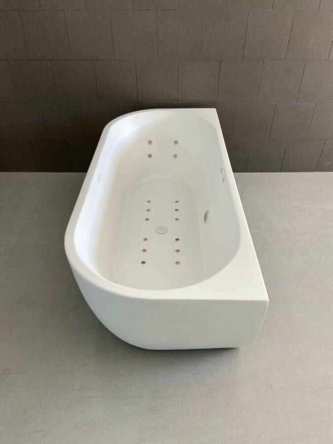 Wiesbaden half vrijstaand bubbelbad 180x80 Wall mat wit RVS