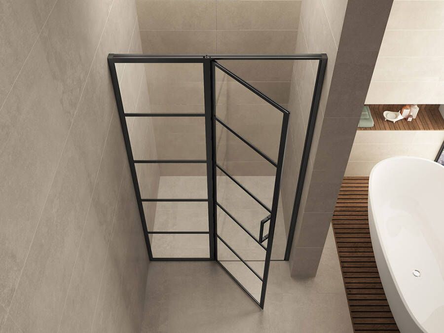 Wiesbaden Horizon nisdeur met vast deel en raster 1300 x 2000 x 8mm nano helder glas mat zwart