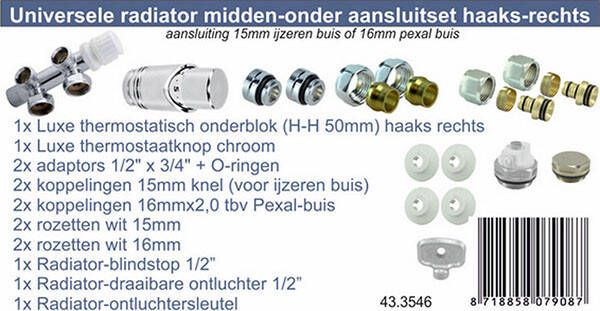 Riko Radiator set onderblok compleet haaks (rechts) 16x2 0 +15 knel chroom