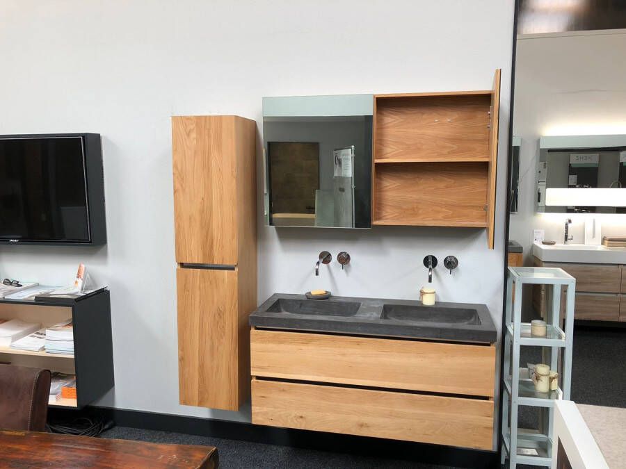 Wiesbaden Vision Oak 120 cm eiken badkamermeubel Raw natuursteen 2 kraangaten