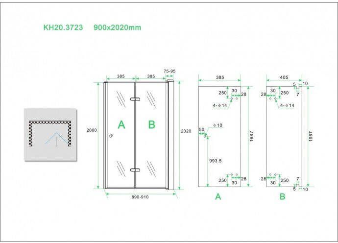 Wiesbaden vouwbare nisdeur 90x202 rechts 8mm NANO glas