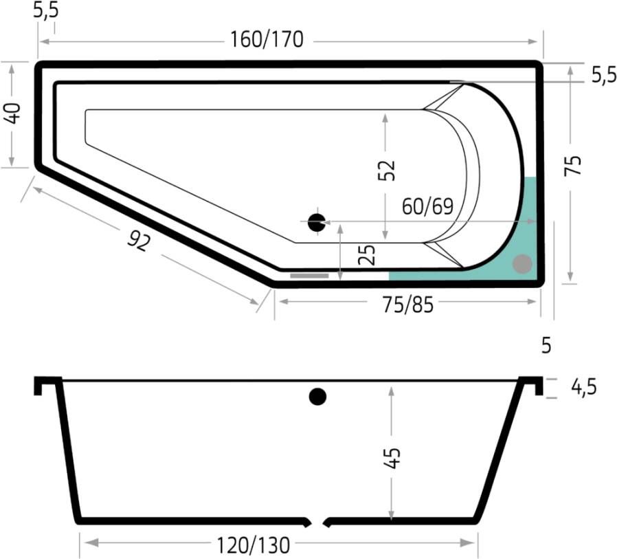 Xenz Beterbad Lagoon Compact 160x75 cm rechts wit