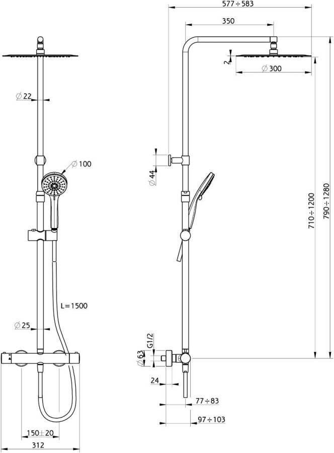 Xenz Duero thermostatische opbouw telescopische doucheset chroom