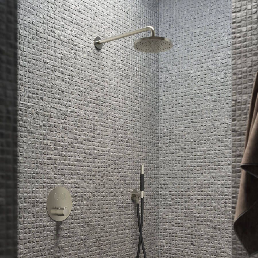 Hotbath Cobber IBS22 inbouw douche set met 2 pushbuttons geborsteld nikkel 3 standen handdouche plafondbuis 38 5 cm douchekop 30cm (incl. glijstang) - Foto 14