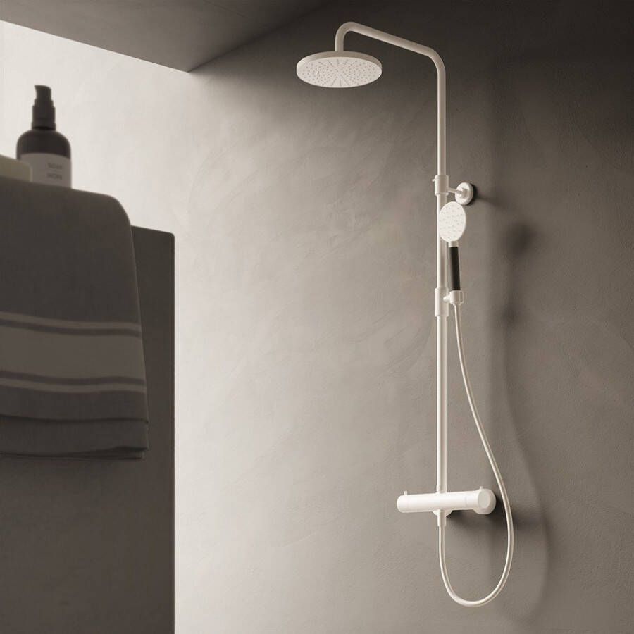 Doucheset Hotbath Cobber Opbouw 20cm Rond Verouderd Messing Thermostaatkraan Glijstang Regendouche en Handdouche 2 Greeps