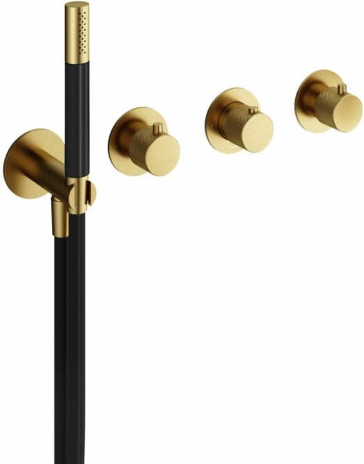 Hotbath Cobber X afbouwdeel voor inbouw bad douchethermostaat zonder uitloop met 2 stopkranen en staafhanddouche geborsteld messing PVD