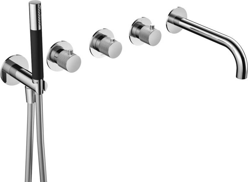 Hotbath Cobber X afbouwdeel voor inbouw bad douchethermostaat met uitloop 2 stopkranen en staafhanddouche geborsteld messing PVD - Foto 3