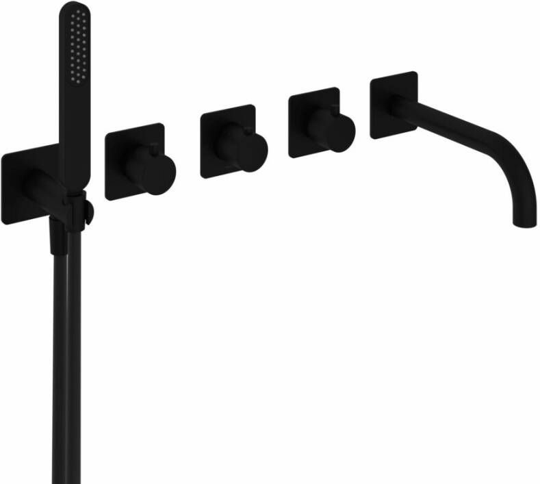 Hotbath Gal afbouwdeel voor inbouw bad douchethermostaat met uitloop 2 stopkranen en staafhanddouche mat zwart