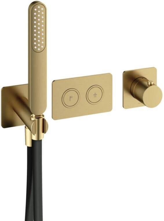 Hotbath Gal afbouwdeel inbouwthermostaat met 2 pushbuttons en staafhanddouche geborsteld messing PVD