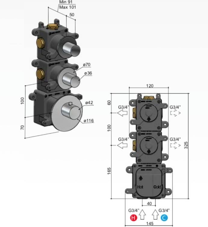 Hotbath MHF002 High Flow inbouwbox voor thermostaat met 2 stopkranen