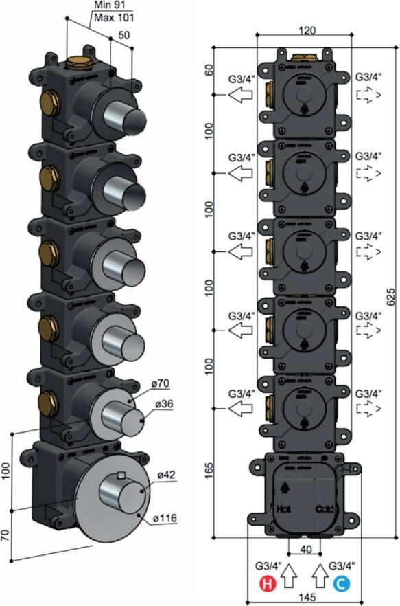 Hotbath MHF005 High Flow inbouwbox voor thermostaat met 5 stopkranen