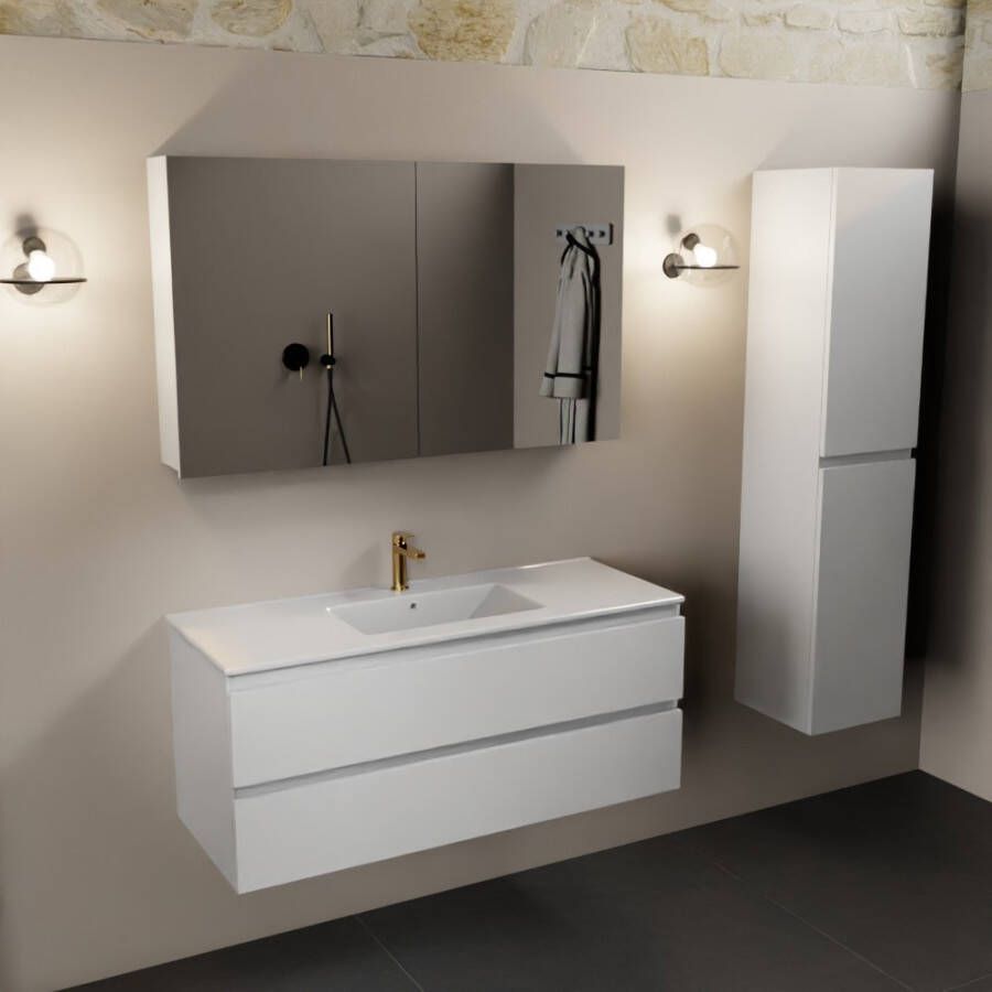 Mondiaz AIVY 120cm badmeubel Talc wastafel glanzend wit keramiek midden 1 kraangat met spiegelkast (M60103 AI-M120TAMI AI-C120TAMI)