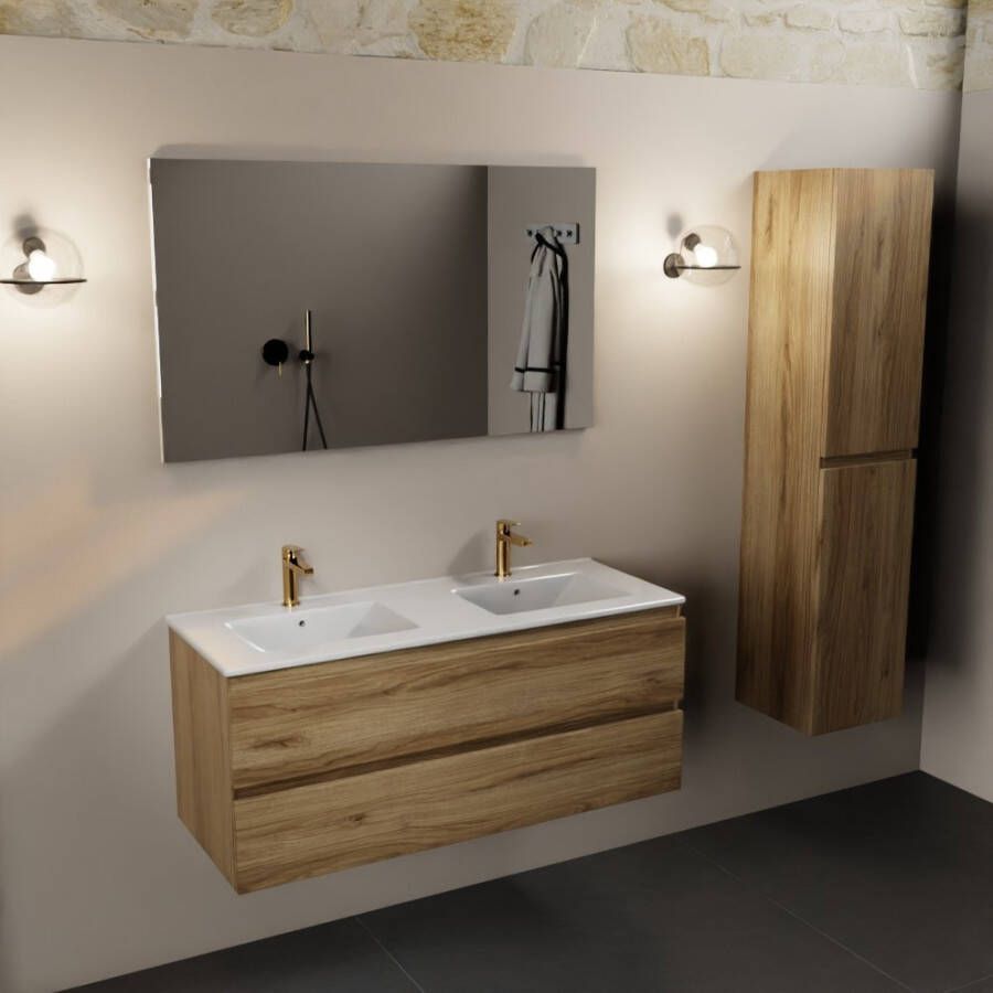 Mondiaz Aivy badmeubelset 120x45x50cm 2 kraangaten 2 wasbakken talc Keramiek Links en rechts 2 lades Met spiegel Melamine Chai AIVY80161