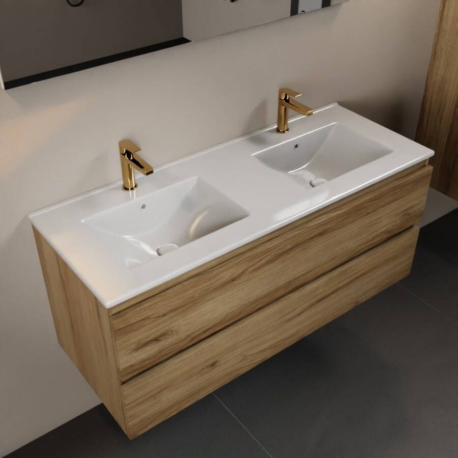 Mondiaz Aivy badmeubelset 120x45x50cm 2 kraangaten 2 wasbakken talc Keramiek Links en rechts 2 lades Zonder spiegel Melamine Chai AIVY80021