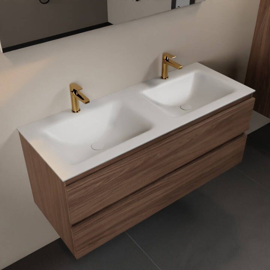 Mondiaz Aivy badmeubelset 120x45x50cm 2 kraangaten 2 wasbakken talc Solid surface Links en rechts 2 lades Zonder spiegel Melamine Mocha AIVY80056