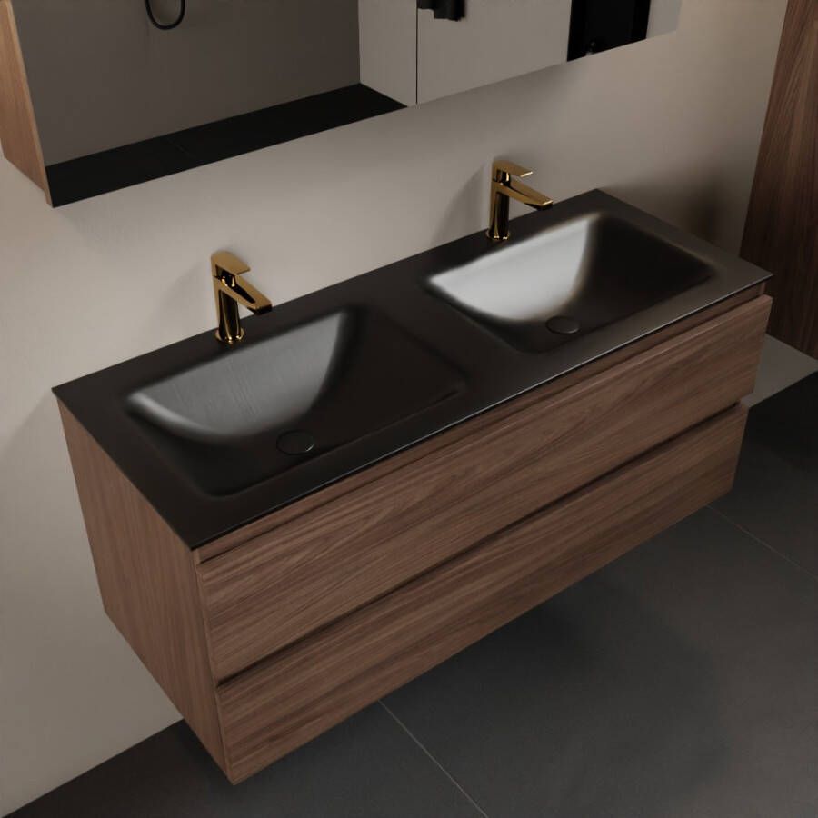 Mondiaz Aivy badmeubelset 120x45x50cm 2 kraangaten 2 wasbakken urban Solid surface Links en rechts 2 lades Met spiegelkast Melamine Mocha AIVY80364