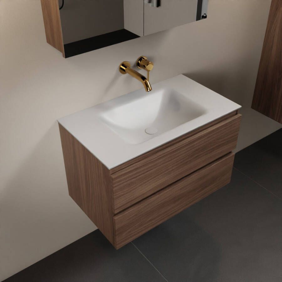 Mondiaz AIVY 80cm badmeubel Mocha wastafel Talc solid surface midden zonder kraangat met spiegelkast (AI-351171TALC-NO AI-M80MOMI AI-C80MOMI)