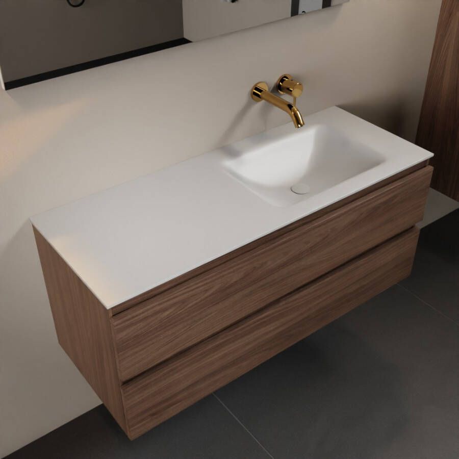 Mondiaz AIVY 120cm badmeubel Mocha wastafel Talc solid surface rechts zonder kraangat met spiegel (AI-351641TALC-NO AI-M120MORE AI-S120X72) - Foto 1