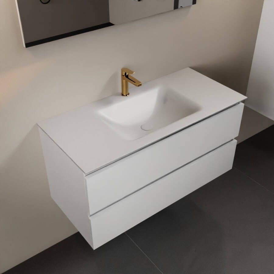 Mondiaz Aivy badmeubelset 100x45x50cm 1 kraangat 1 wasbak talc Solid surface Midden 2 lades Zonder spiegel MDF Talc AIVY80031 - Foto 2