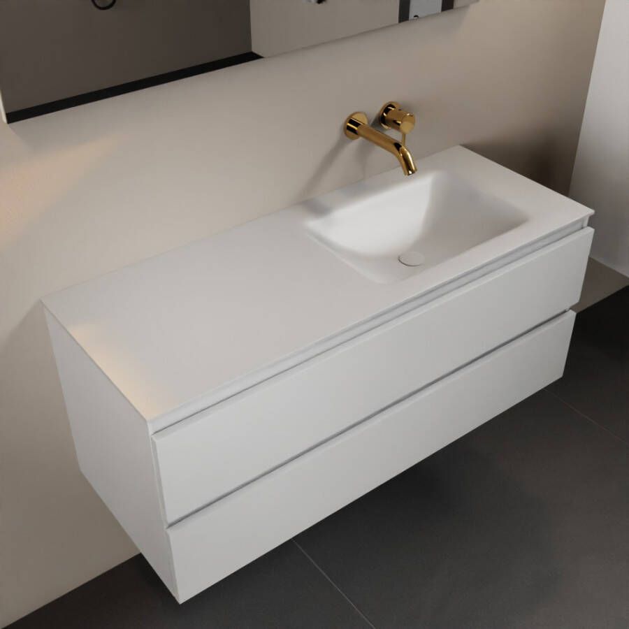 Mondiaz AIVY 120cm badmeubel Talc wastafel Talc solid surface rechts zonder kraangat met spiegel (AI-351641TALC-NO AI-M120TARE AI-S120X72)