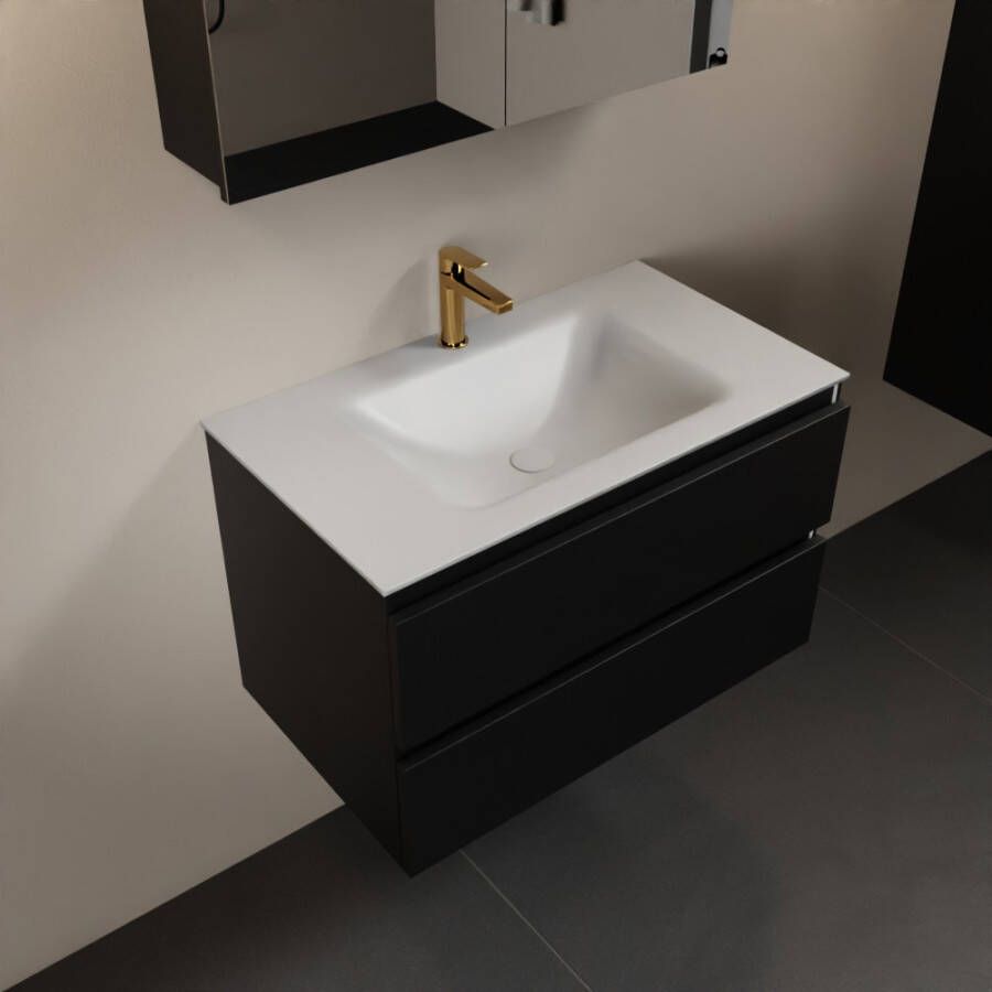Mondiaz AIVY 80cm badmeubel Urban wastafel Talc solid surface midden 1 kraangat met spiegelkast (AI-351171TALC-SI AI-M80URMI AI-C80URMI)