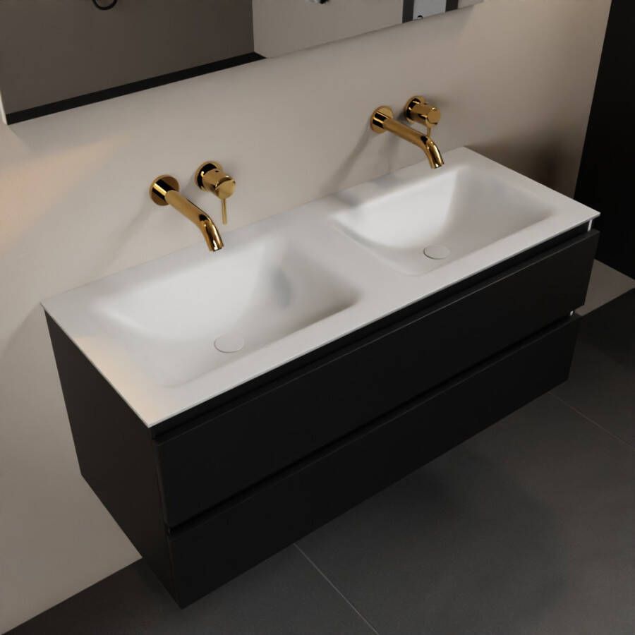 Mondiaz AIVY 120cm badmeubel Urban wastafel Talc solid surface dubbel zonder kraangat met spiegel (AI-351651TALC-NO AI-M120URDU AI-S120X73)