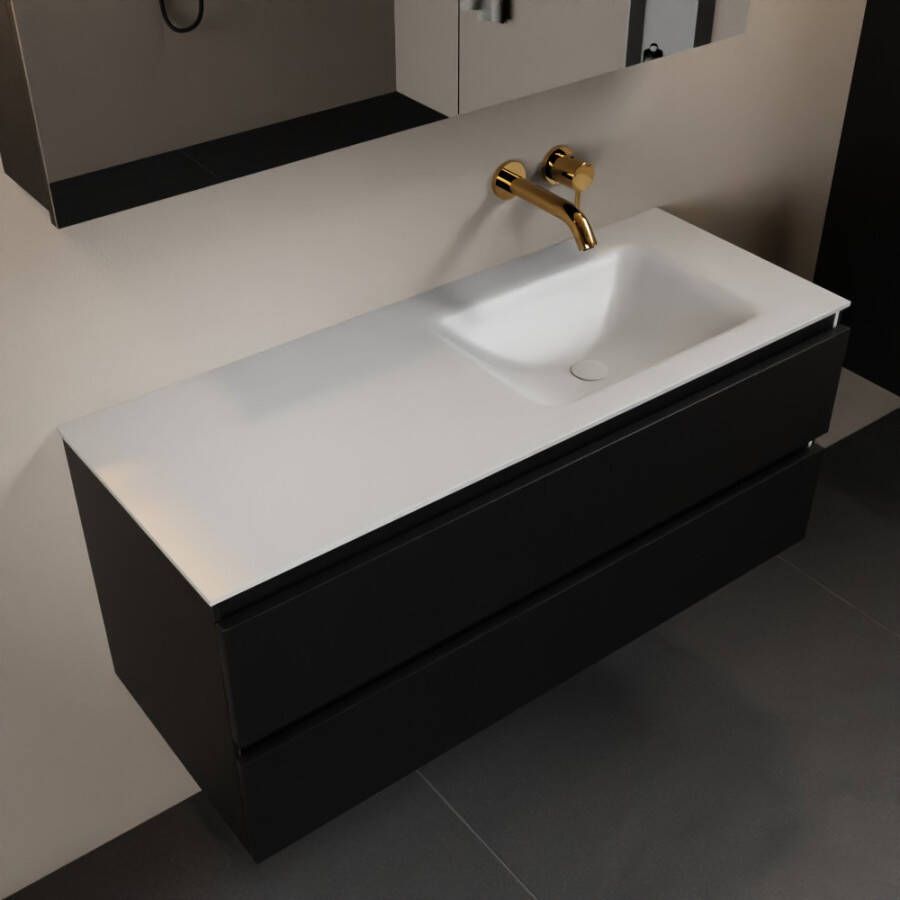 Mondiaz AIVY 120cm badmeubel Urban wastafel Talc solid surface rechts zonder kraangat met spiegelkast (AI-351641TALC-NO AI-M120URRE AI-C120URMI)
