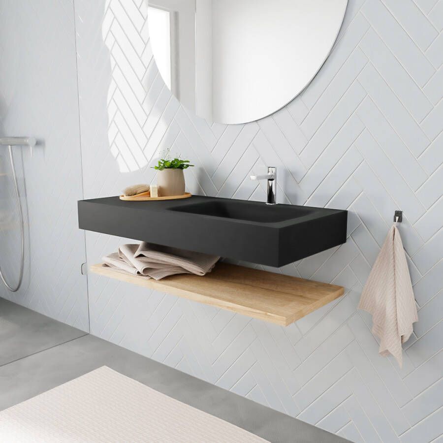 Aqua Splash Badkamermeubel AQS Ibiza 100 cm met Washed Oak Planchet Solid Surface Wastafel Mat Zwart Badmeubel Ibiza 100 cm Washed Oak Planchet - Foto 3