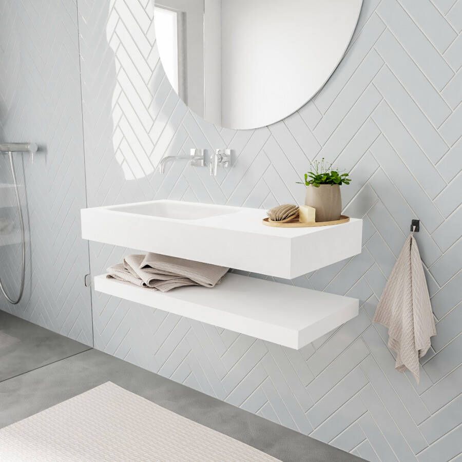 Mondiaz ALAN 100cm Badkamermeubelset solid surface planchet met vrijhangende wastafel wasbak links 0 kraangaten talc M49850TA0M49301TA0