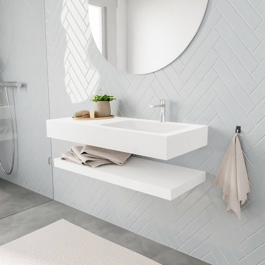 Mondiaz ALAN 100cm Badkamermeubelset solid surface planchet met vrijhangende wastafel wasbak rechts 1 kraangat talc M49850TA0M49302TA1 - Foto 2