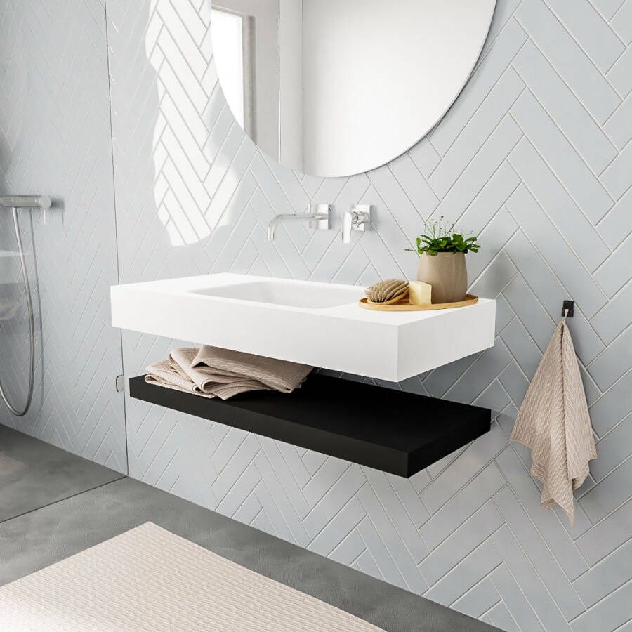 Aqua Splash Badkamermeubel AQS Ibiza 100 cm met Mat Zwart Planchet Solid Surface Wastafel Mat Wit Badmeubel Ibiza 100 cm Solid Surface Planchet Mat