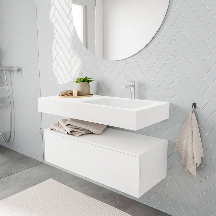 Aqua Splash Badkamermeubel AQS Ibiza 100 cm Solid Surface Wastafel Mat Wit Badmeubel Ibiza 100 cm Spoelbak Midden Mat Wit (0 Kraangaten) - Foto 2