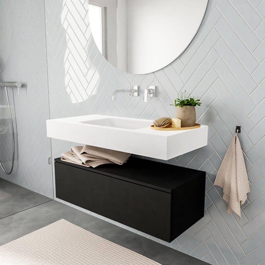 Aqua Splash Badkamermeubel AQS Ibiza 100 cm Solid Surface Mat Zwart Wastafel Mat Wit Badmeubel Ibiza 100 cm Mat Zwart Spoelbak Midden Mat Wit (0 - Foto 2