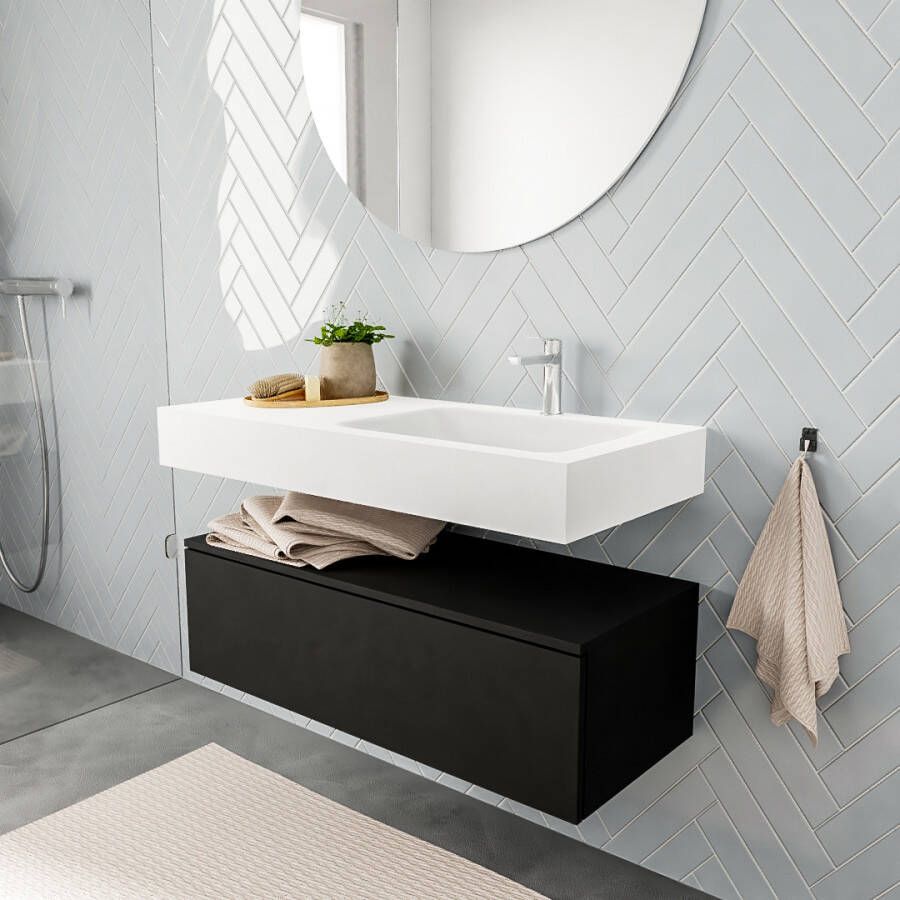 Aqua Splash Badkamermeubel AQS Ibiza 100 cm Solid Surface Mat Zwart Wastafel Mat Wit Badmeubel Ibiza 100 cm Mat Zwart Spoelbak Midden Mat Wit (0 - Foto 2