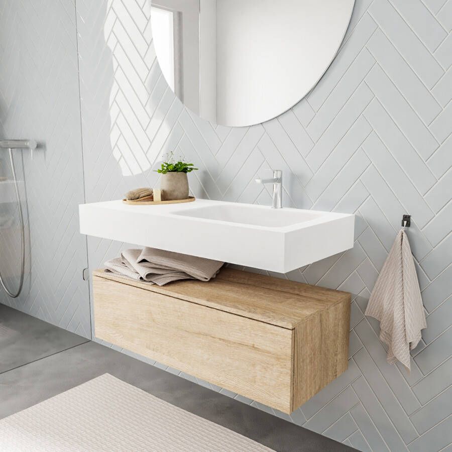 Aqua Splash Badkamermeubel AQS Ibiza 100 cm Washed Oak Solid Surface Wastafel Mat Wit Badmeubel Ibiza 100 cm Washed Oak Spoelbak Midden Mat Wit (0 - Foto 3