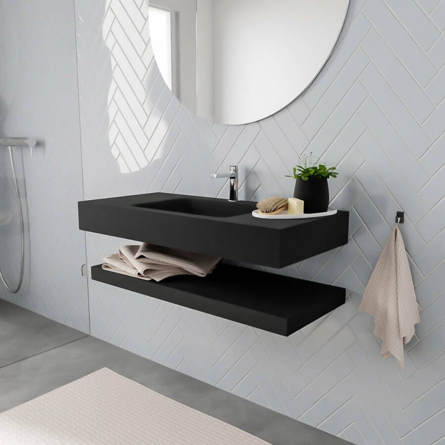 Aqua Splash Badkamermeubel AQS Ibiza 100 cm met Planchet Solid Surface Mat Zwart Badmeubel Ibiza 100 cm Solid Surface Planchet Spoelbak Midden Mat - Foto 2