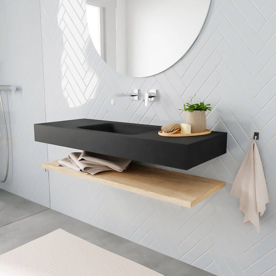 Aqua Splash Badkamermeubel AQS Ibiza 120 cm met Washed Oak Planchet Solid Surface Wastafel Mat Zwart Badmeubel Ibiza 120 cm Washed Oak Planchet