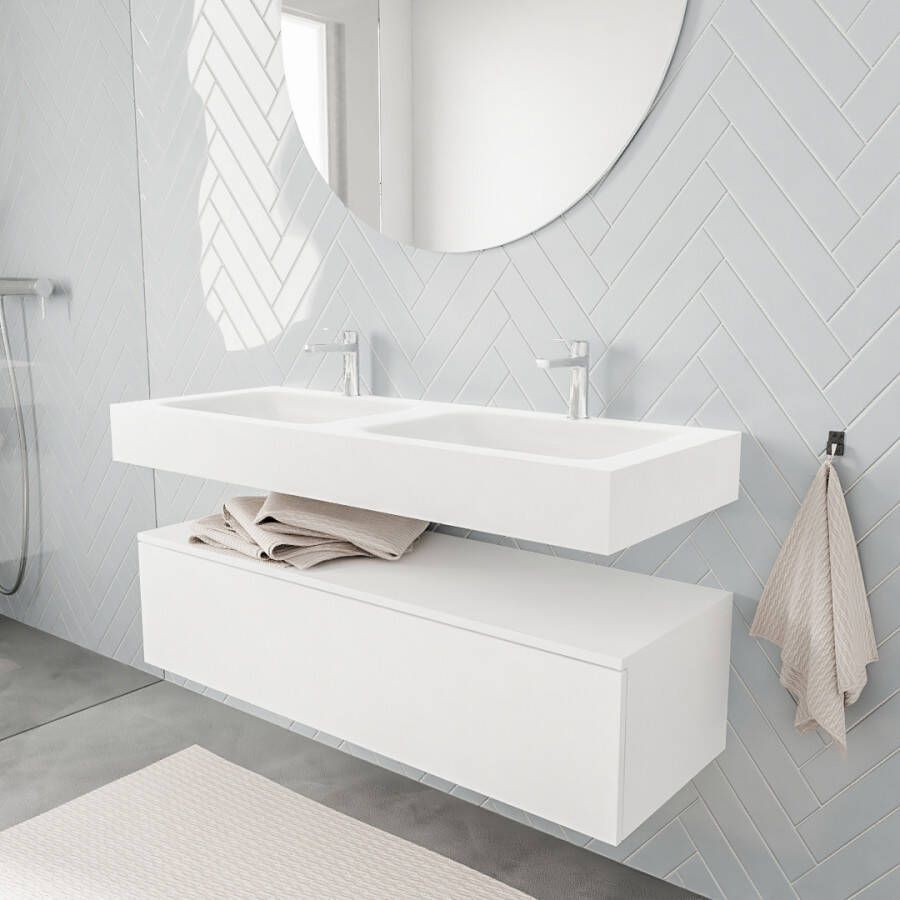 Aqua Splash Badkamermeubel AQS Ibiza 120 cm Solid Surface Wastafel Mat Wit Badmeubel Ibiza 120 cm Spoelbak Midden Mat Wit (0 Kraangaten) - Foto 2