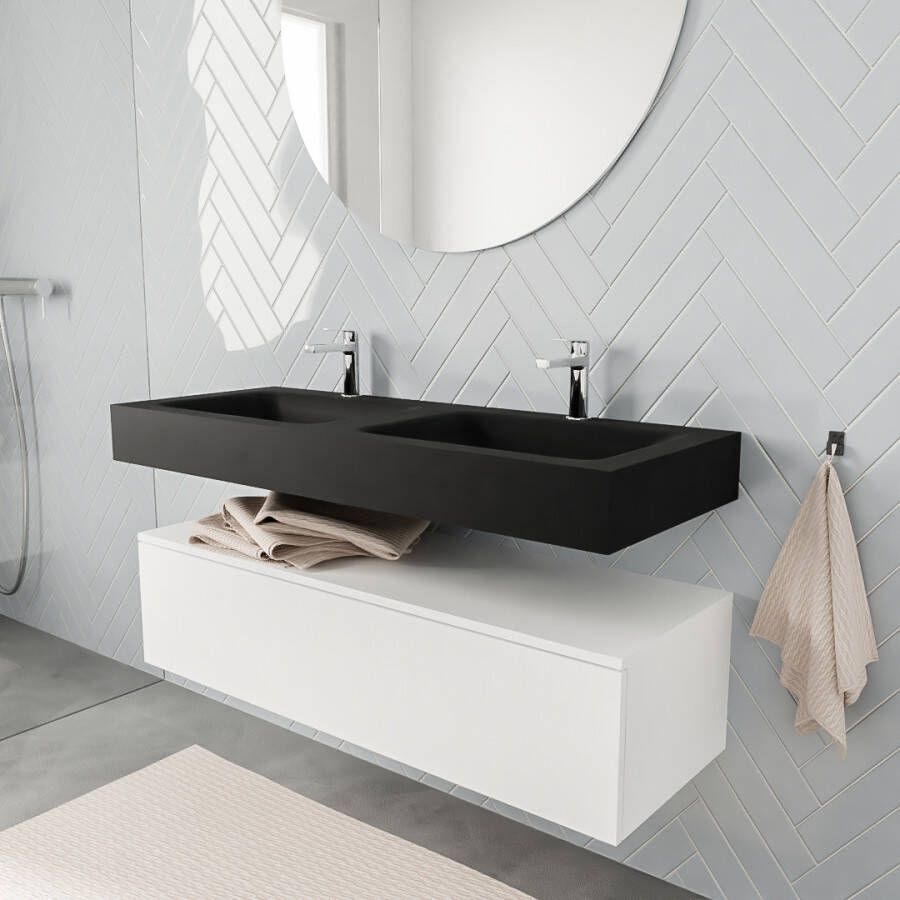Aqua Splash Badkamermeubel AQS Ibiza 120 cm Mat Wit Solid Surface Wastafel Mat Zwart Badmeubel Ibiza 120 cm Mat Wit Spoelbak Midden Mat Zwart (0 - Foto 6