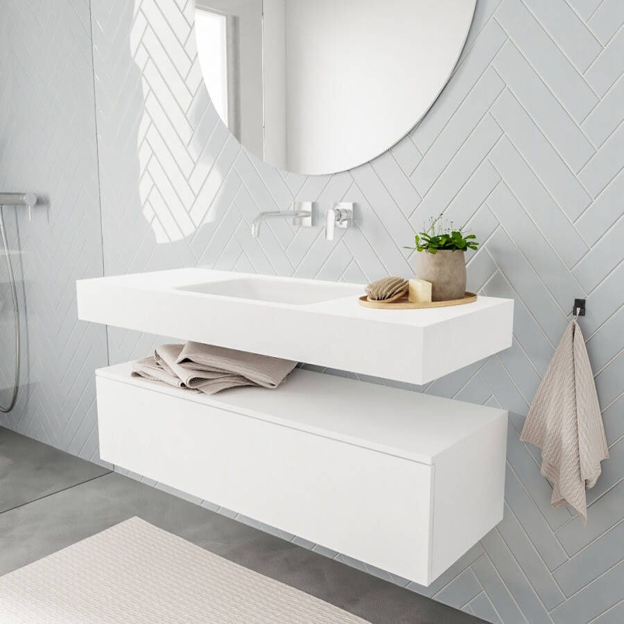 Aqua Splash Badkamermeubel AQS Ibiza 120 cm Solid Surface Wastafel Mat Wit Badmeubel Ibiza 120 cm Spoelbak Midden Mat Wit (0 Kraangaten) - Foto 2