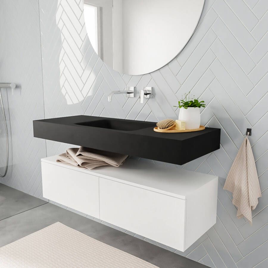 Aqua Splash Badkamermeubel AQS Ibiza 120 cm Mat Wit Twee Soft-Close Lades Solid Surface Wastafel Mat Zwart Badmeubel Ibiza 120 cm Mat Wit Twee Lades