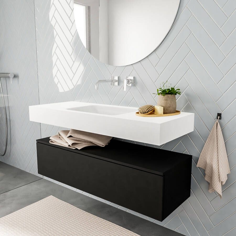 Aqua Splash Badkamermeubel AQS Ibiza 120 cm Solid Surface Mat Zwart Wastafel Mat Wit Badmeubel Ibiza 120 cm Mat Zwart Spoelbak Midden Mat Wit (0 - Foto 2