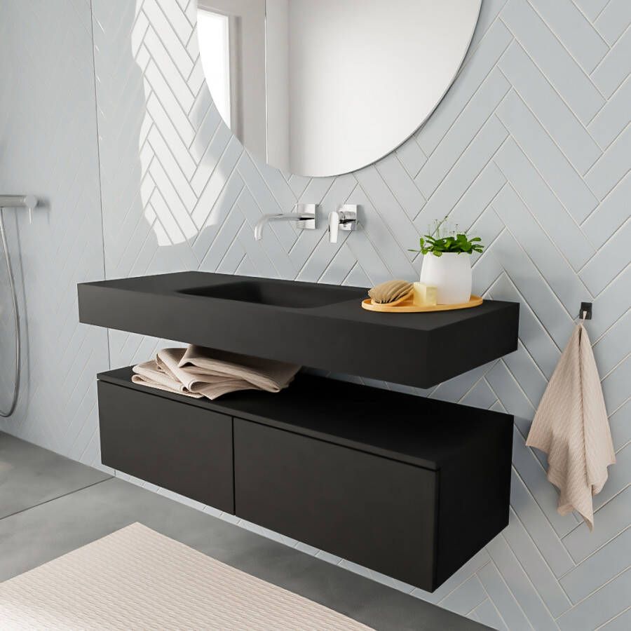 Aqua Splash Badkamermeubel AQS Ibiza 120 cm Twee Soft-Close Lades Solid Surface Wastafel Mat Zwart Badmeubel Ibiza 120 cm Twee Lades Spoelbak Midden