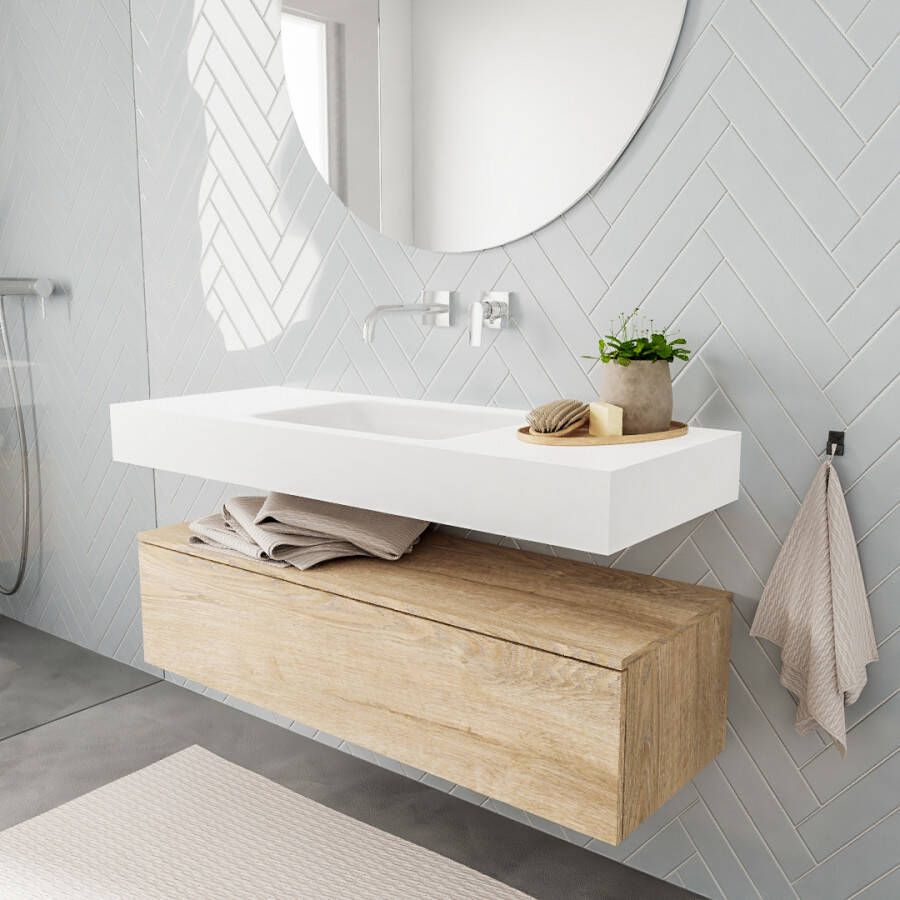 Aqua Splash Badkamermeubel AQS Ibiza 120 cm Washed Oak Solid Surface Wastafel Mat Wit Badmeubel Ibiza 120 cm Washed Oak Spoelbak Midden Mat Wit (0