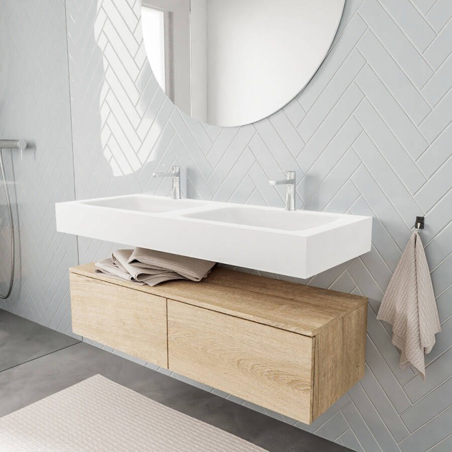 Aqua Splash Badkamermeubel AQS Ibiza 120 cm Washed Oak Twee Soft-Close Lades Solid Surface Wastafel Mat Wit Badmeubel Ibiza 120 cm Washed Oak Twee - Foto 5