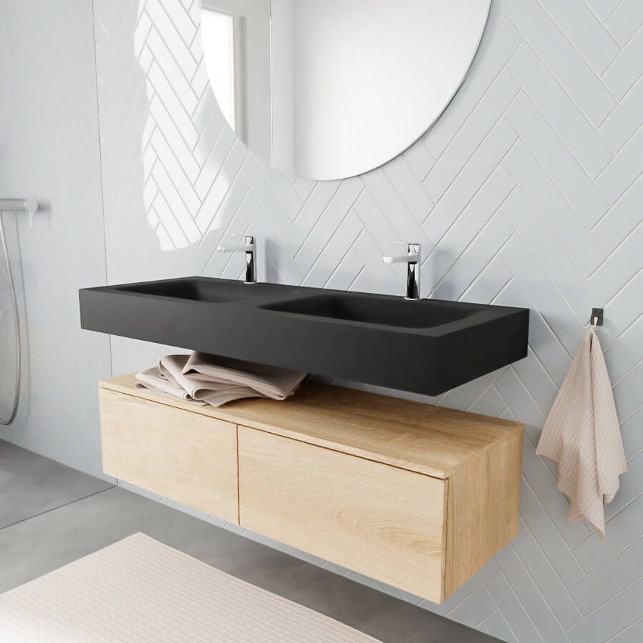 Aqua Splash Badkamermeubel AQS Ibiza 120 cm Washed Oak Twee Soft-Close Lades Solid Surface Wastafel Mat Zwart Badmeubel Ibiza 120 cm Washed Oak Twee - Foto 2