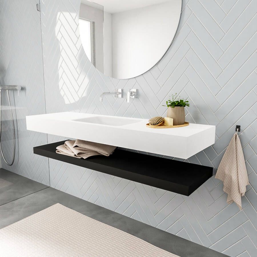 Aqua Splash Badkamermeubel AQS Ibiza 150 cm met Mat Zwart Planchet Solid Surface Wastafel Mat Wit Badmeubel Ibiza 150 cm Solid Surface Planchet Mat